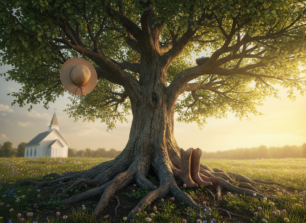 A symbolic tree of life with a thick, textured trunk and intricately branching limbs, its roots visibly intertwining with the soil of a sunlit meadow, rendered in photographic realism. Each branch subtly holds elements of country living: a hanging straw hat, a pair of well-worn boots at the base, a bird’s nest cradled in a fork. Delicate wildflowers surround the roots, and a distant white country church sits softly blurred in the background. Warm late-afternoon light streams from the right, creating long shadows and a gentle halo around the leaves. Captured from a slightly low angle to emphasize strength and growth, with a centered yet balanced composition. The atmosphere feels faithful, hopeful, and introspective, suggesting a life rooted in nature and quiet conviction.