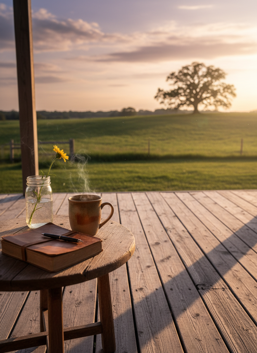 A weathered wooden farmhouse porch overlooking rolling green pastures under a wide open sky, captured in photographic realism. On the porch, a small round table holds a worn leather journal, a steaming stoneware mug of herbal tea, and a single wildflower in a mason jar. Soft golden hour sunlight filters across the scene, catching dust motes and warming the wood grain. In the distance, a tree of life–shaped oak stands alone on a hill, slightly out of focus. Shot at eye level using the rule of thirds, with shallow depth of field that keeps the journal and mug crisp while the countryside melts into a gentle, contemplative blur. The mood is thoughtful, grounded, and quietly sophisticated.
